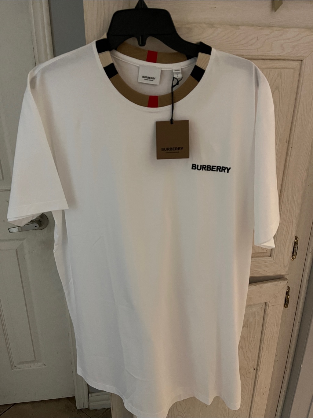 Burberry White Short Sleeve Logo Tee With Tan And Red Neck Trim
